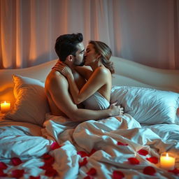 A romantic and intimate scene depicting a couple sharing a passionate embrace in a beautifully lit bedroom