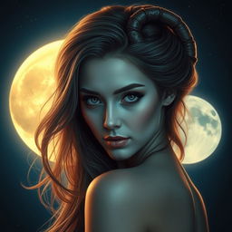 A mystical scene depicting a beautiful woman with a strikingly curved hair lock that resembles a scorpion's tail, set against a backdrop of a bright and shimmering moon