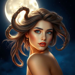 A mystical scene depicting a beautiful woman with a strikingly curved hair lock that resembles a scorpion's tail, set against a backdrop of a bright and shimmering moon