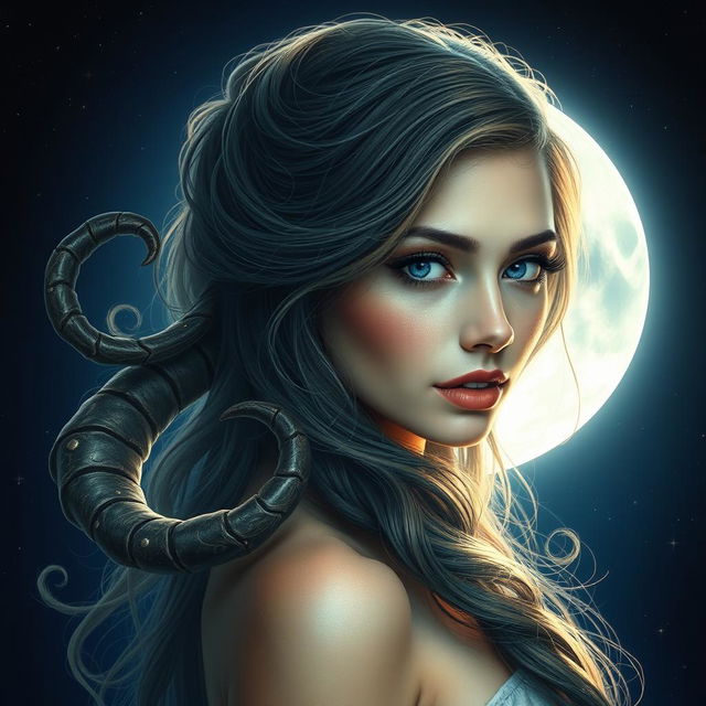 A mystical scene depicting a beautiful woman with a strikingly curved hair lock that resembles a scorpion's tail, set against a backdrop of a bright and shimmering moon