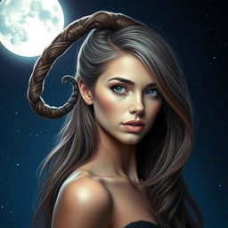 A mystical scene depicting a beautiful woman with a strikingly curved hair lock that resembles a scorpion's tail, set against a backdrop of a bright and shimmering moon
