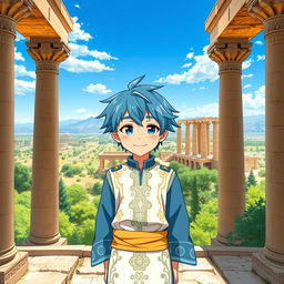An anime-style boy standing in Persepolis, with a majestic view of the entire landscape of Iran behind him