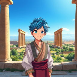 An anime-style boy standing in Persepolis, with a majestic view of the entire landscape of Iran behind him