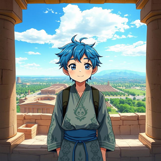 An anime-style boy standing in Persepolis, with a majestic view of the entire landscape of Iran behind him