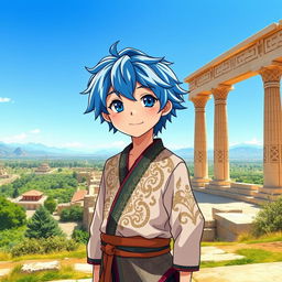 An anime-style boy standing in Persepolis, with a majestic view of the entire landscape of Iran behind him