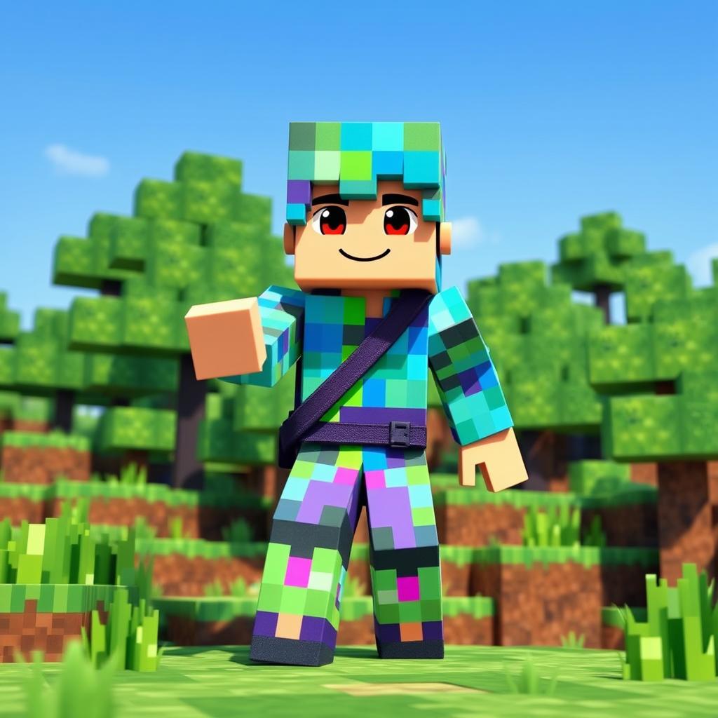 A detailed representation of a character inspired by Zori from Minecraft, wearing a vibrant, pixelated outfit made from blocks, with a unique blend of bright colors like blue, green, and purple