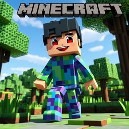 A detailed representation of a character inspired by Zori from Minecraft, wearing a vibrant, pixelated outfit made from blocks, with a unique blend of bright colors like blue, green, and purple