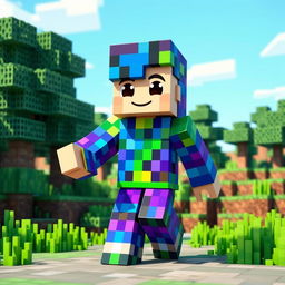 A detailed representation of a character inspired by Zori from Minecraft, wearing a vibrant, pixelated outfit made from blocks, with a unique blend of bright colors like blue, green, and purple