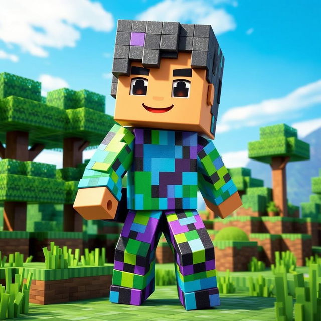 A detailed representation of a character inspired by Zori from Minecraft, wearing a vibrant, pixelated outfit made from blocks, with a unique blend of bright colors like blue, green, and purple