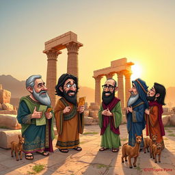 A colorful caricature of Iran set against the backdrop of Persepolis (Takhte Jamshid)