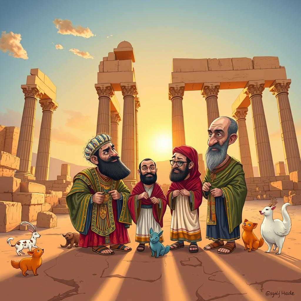 A colorful caricature of Iran set against the backdrop of Persepolis (Takhte Jamshid)