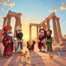 A colorful caricature of Iran set against the backdrop of Persepolis (Takhte Jamshid)