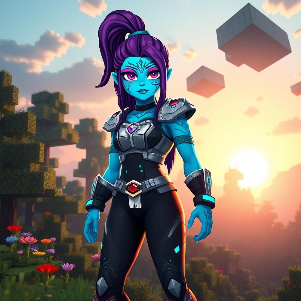 A stunning Minecraft character named Zuri, featuring unique and vibrant attire