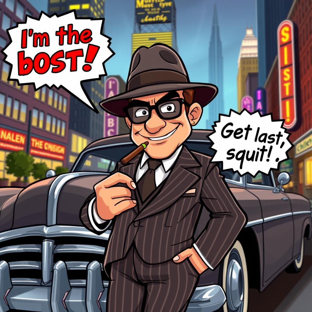 A cartoon-style animated gangster, wearing a classic pinstripe suit with a fedora, holding a cigar and leaning against a vintage car