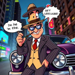 A cartoon-style animated gangster, wearing a classic pinstripe suit with a fedora, holding a cigar and leaning against a vintage car