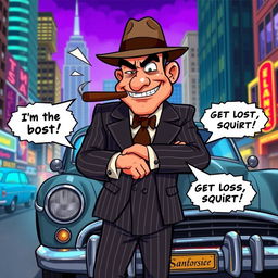 A cartoon-style animated gangster, wearing a classic pinstripe suit with a fedora, holding a cigar and leaning against a vintage car