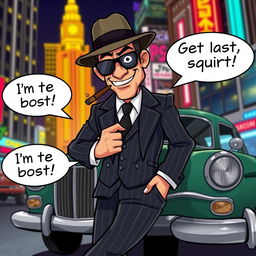 A cartoon-style animated gangster, wearing a classic pinstripe suit with a fedora, holding a cigar and leaning against a vintage car