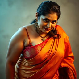 A sexy, hot, busty MILF aunt wearing a beautifully draped saree and a low cut blouse, bent forward in an alluring pose