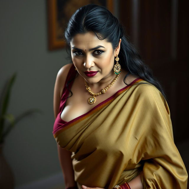 A sexy, hot, busty MILF aunt wearing a beautifully draped saree and a low cut blouse, bent forward in an alluring pose