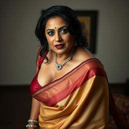 A sexy, hot, busty MILF aunt wearing a beautifully draped saree and a low cut blouse, bent forward in an alluring pose