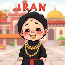 A cartoon of a small child wearing a black outfit, adorned with a shiny gold necklace