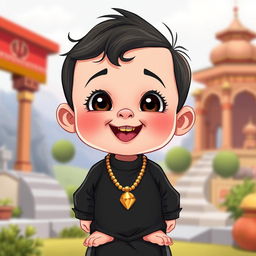 A cartoon of a small child wearing a black outfit, adorned with a shiny gold necklace