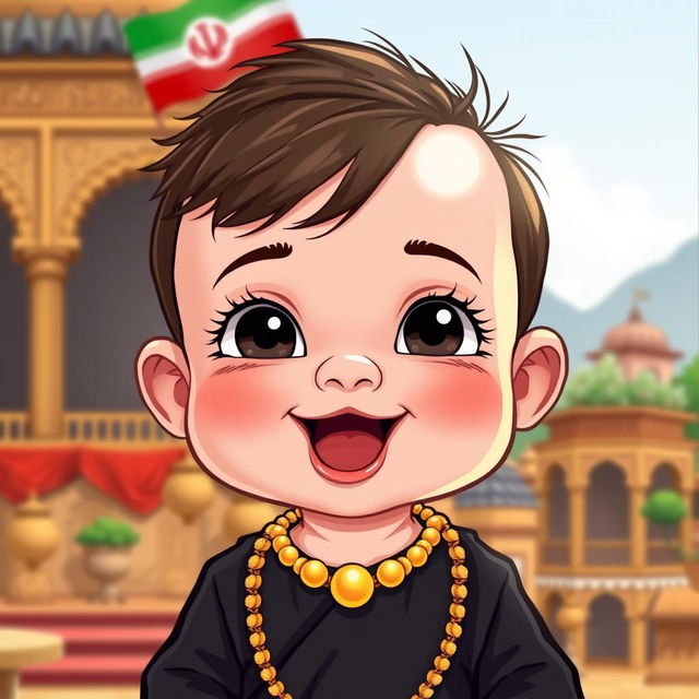 A cartoon of a small child wearing a black outfit, adorned with a shiny gold necklace