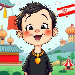 A cartoon of a small child wearing a black outfit, adorned with a shiny gold necklace