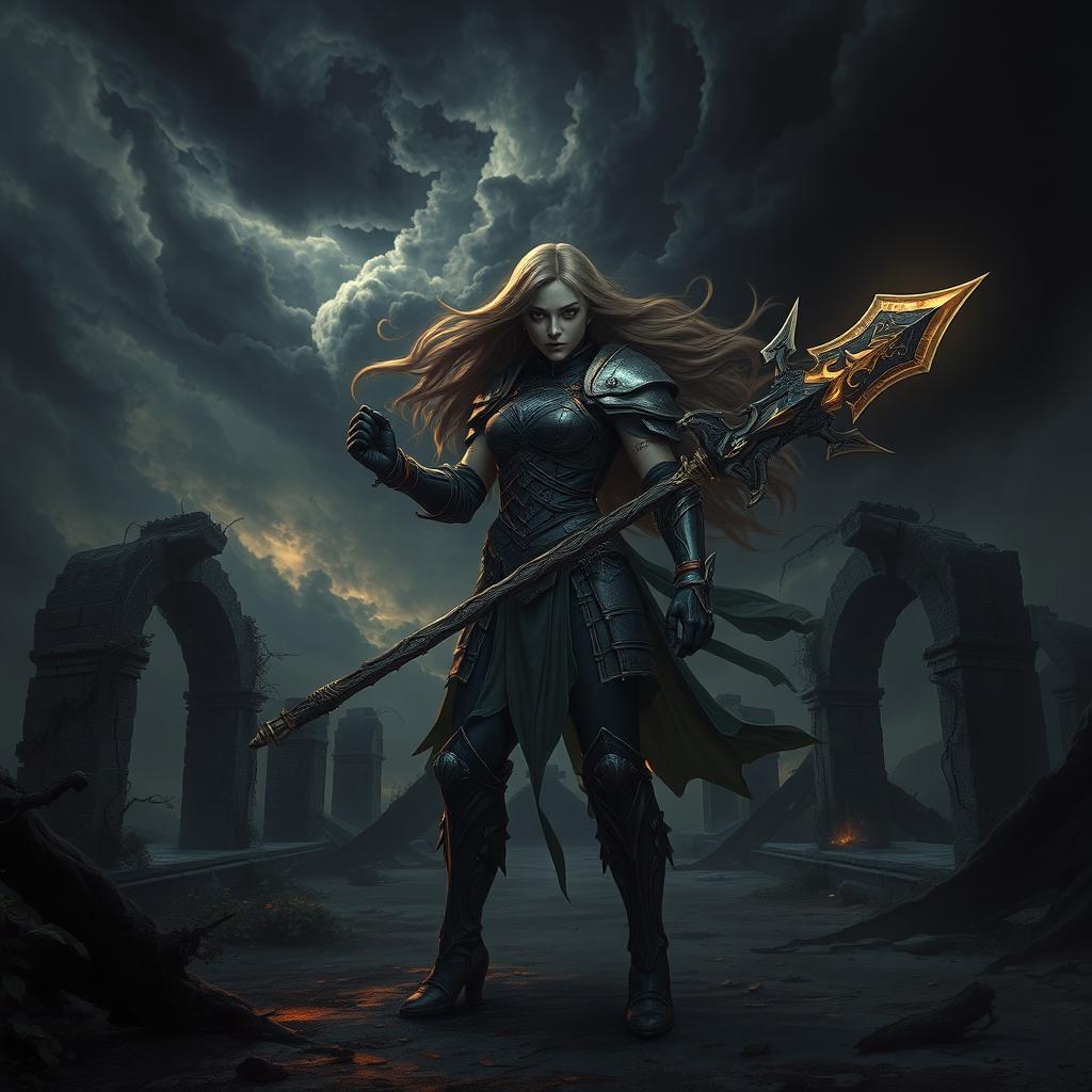 a dark, atmospheric scene depicting a powerful, surreal moment in a fantasy setting, featuring a strong female warrior with flowing hair and intricate armor, standing defiantly in a desolate landscape with ominous clouds swirling above, wielding a glowing weapon with an intricate design, surrounded by ethereal shadows, evoking a sense of resilience and strength, framed by ruined ancient structures overgrown with vines, dramatic lighting illuminating her fierce expression