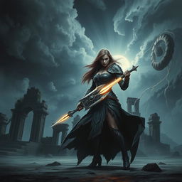 a dark, atmospheric scene depicting a powerful, surreal moment in a fantasy setting, featuring a strong female warrior with flowing hair and intricate armor, standing defiantly in a desolate landscape with ominous clouds swirling above, wielding a glowing weapon with an intricate design, surrounded by ethereal shadows, evoking a sense of resilience and strength, framed by ruined ancient structures overgrown with vines, dramatic lighting illuminating her fierce expression