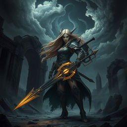 a dark, atmospheric scene depicting a powerful, surreal moment in a fantasy setting, featuring a strong female warrior with flowing hair and intricate armor, standing defiantly in a desolate landscape with ominous clouds swirling above, wielding a glowing weapon with an intricate design, surrounded by ethereal shadows, evoking a sense of resilience and strength, framed by ruined ancient structures overgrown with vines, dramatic lighting illuminating her fierce expression