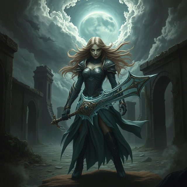 a dark, atmospheric scene depicting a powerful, surreal moment in a fantasy setting, featuring a strong female warrior with flowing hair and intricate armor, standing defiantly in a desolate landscape with ominous clouds swirling above, wielding a glowing weapon with an intricate design, surrounded by ethereal shadows, evoking a sense of resilience and strength, framed by ruined ancient structures overgrown with vines, dramatic lighting illuminating her fierce expression