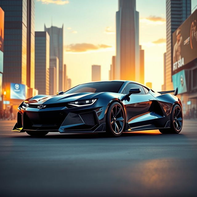 A futuristic concept car design featuring a Chevrolet Camaro merged with a Corvette C8, set in a sleek and modern futuristic city environment