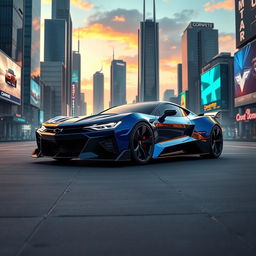 A futuristic concept car design featuring a Chevrolet Camaro merged with a Corvette C8, set in a sleek and modern futuristic city environment
