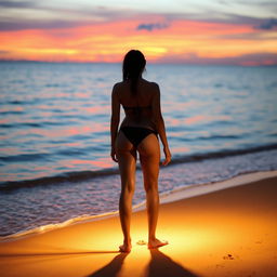 A serene beach scene with a lone figure facing away, wearing a black bikini while standing by the shore