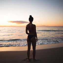 A serene beach scene with a lone figure facing away, wearing a black bikini while standing by the shore