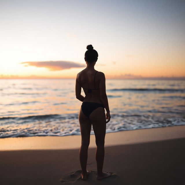 A serene beach scene with a lone figure facing away, wearing a black bikini while standing by the shore