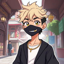 A cartoon-style illustration of a 16-year-old anime boy, featuring a golden necklace around his neck, wearing a black lip outfit, and sporting a golden tooth
