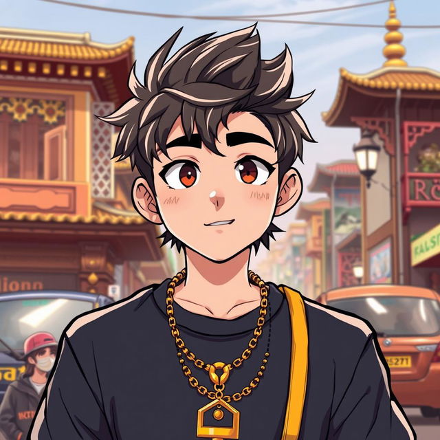 A cartoon-style illustration of a 16-year-old anime boy, featuring a golden necklace around his neck, wearing a black lip outfit, and sporting a golden tooth