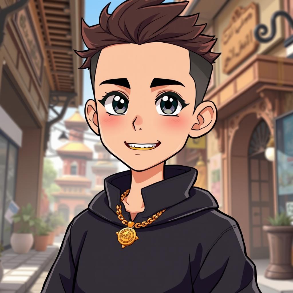 A cartoon-style illustration of a 16-year-old anime boy, featuring a golden necklace around his neck, wearing a black lip outfit, and sporting a golden tooth