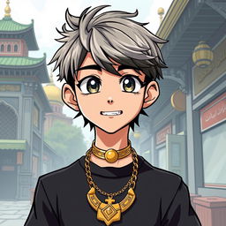 A cartoon-style illustration of a 16-year-old anime boy, featuring a golden necklace around his neck, wearing a black lip outfit, and sporting a golden tooth