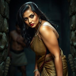 A sexy, hot, busty MILF aunt in a traditional saree and a low cut blouse, bent forward in a dominant pose