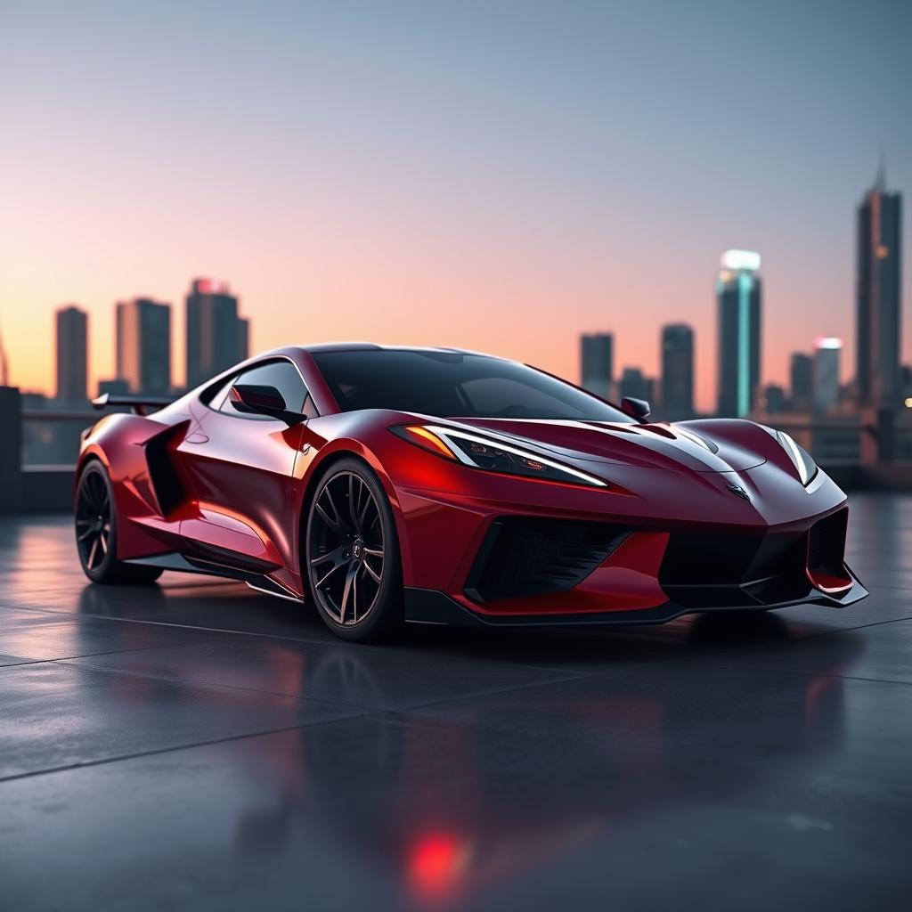 A futuristic concept design of a 2026 Camaro x Corvette C8, seamlessly merging the bold design of the Camaro with the sleek aesthetic of the Corvette C8