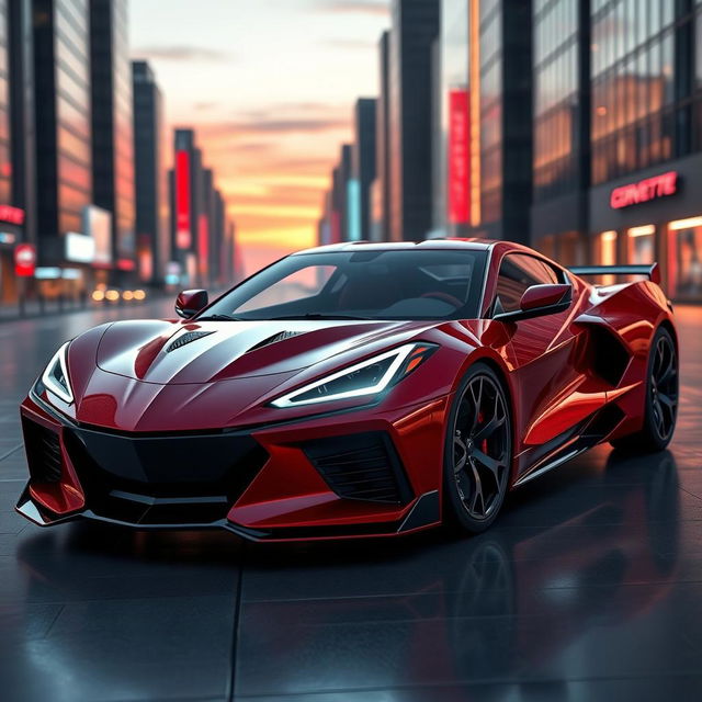 A futuristic concept design of a 2026 Camaro x Corvette C8, seamlessly merging the bold design of the Camaro with the sleek aesthetic of the Corvette C8