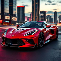 A futuristic concept design of a 2026 Camaro x Corvette C8, seamlessly merging the bold design of the Camaro with the sleek aesthetic of the Corvette C8