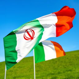 A beautiful scene featuring the new flag of Iran waving gracefully alongside the new flag of Ireland