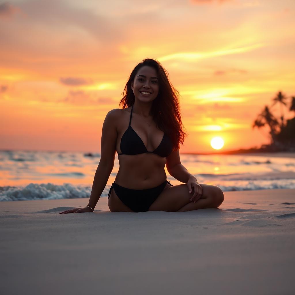 A tranquil beach scene during sunset, featuring a figure sitting on the soft sand in a black bikini