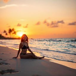 A tranquil beach scene during sunset, featuring a figure sitting on the soft sand in a black bikini