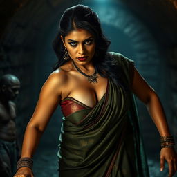 A sexy, hot, busty MILF aunty in a stunning saree and a low cut blouse, bent forward in a dominant stance