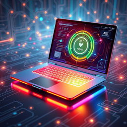 futuristic ultra-tech laptop design featuring a sleek and slim body, illuminated keyboard with customizable colors, high-resolution holographic display with vibrant colors and sharp details, advanced cooling system visible through transparent panels, ultra-thin bezels, and integrated AI assistant interface on screen, surrounded by a tech-inspired background with circuit patterns and glowing elements